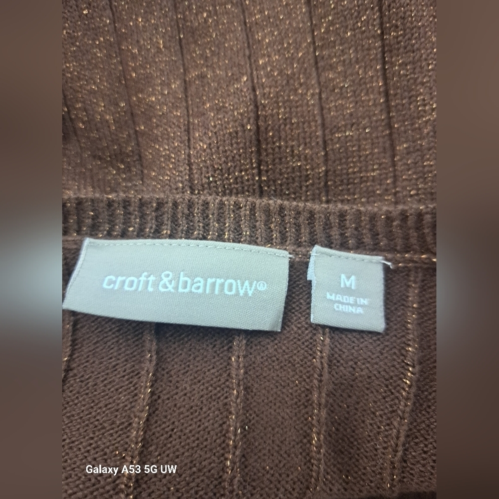 Croft & Barrow M Brown Gold Metallic Sweater V Neck Long Sleeve Like New - Picture 4 of 6